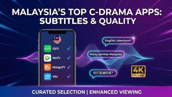News card image representing a shortlist of C-drama apps for Malaysia, with an abstract subtitles and playback quality theme.