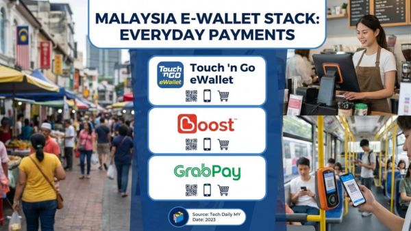 News card image representing the Malaysia e-wallet stack with Touch ‘n Go eWallet, Boost, and GrabPay in everyday payments.