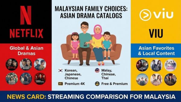 News card image showing a comparison concept for Netflix and Viu catalogs, representing Asian drama choices for Malaysian families.