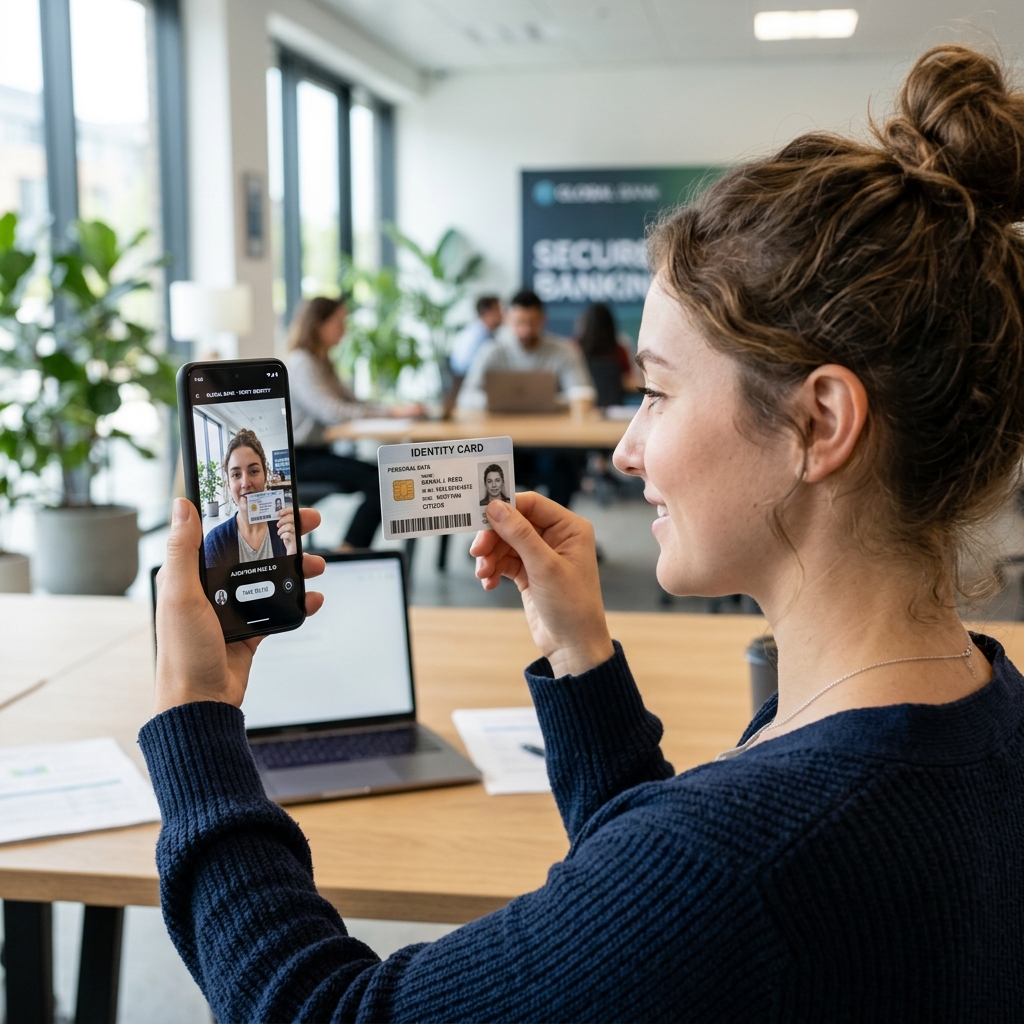 A person taking a selfie with their identity card for banking verification