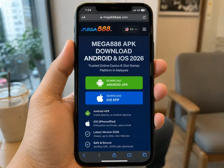 Mega888 APK download guide displayed on a mobile phone for Android and iPhone users in Malaysia