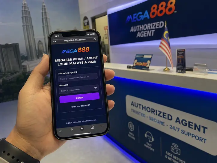 Mega888 kiosk and agent login screen shown on a mobile phone in Malaysia