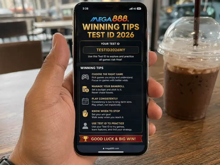 Mega888 winning tips and test ID guide displayed on a mobile phone