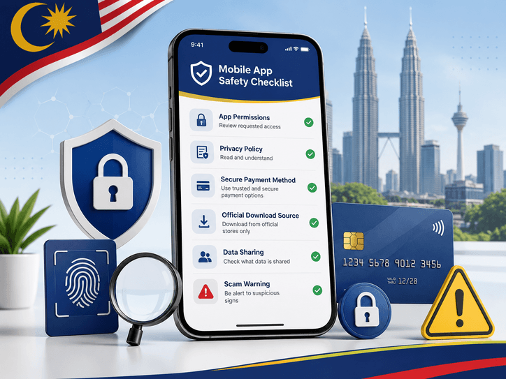 Mobile app safety checklist concept for Malaysian users reviewing privacy and payment risks.
